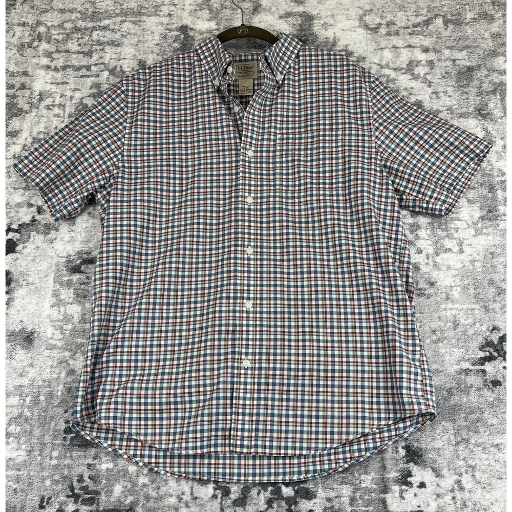 LL Bean Traditional Fit Short Sleeve Plaid Button Down Shirt Chest PocketMens M